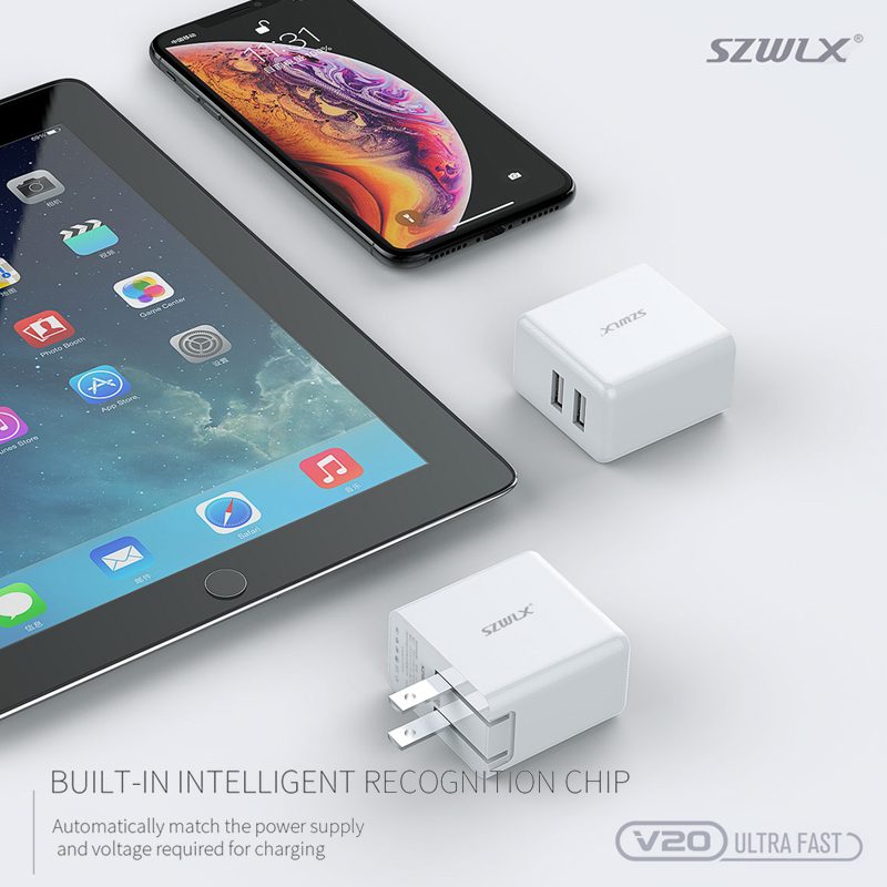WEX V20 Διπλό φορτιστή USB με πτυσσόμενο Plug για το iPhone X /8 /7 /6s /Plus, iPad Air 2 /mini 3, Galaxy S7 /S6 /S6 Edge, Note 5 and More, White